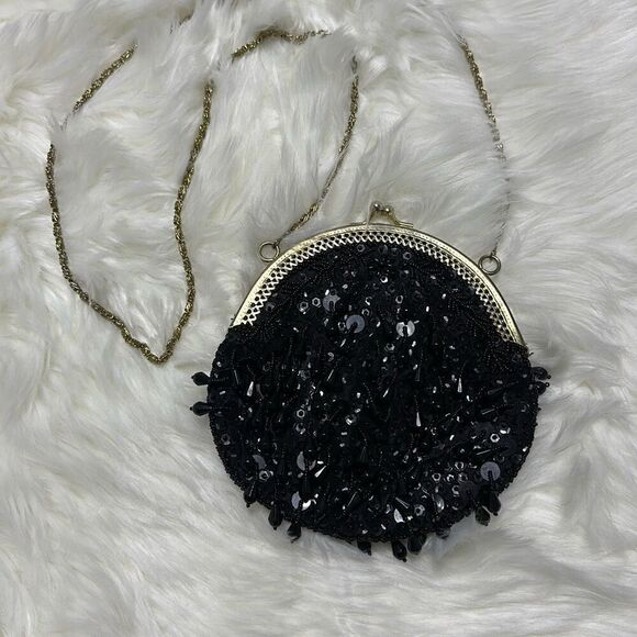 Vintage Handbags - Vintage Black Fringe Sequin Purse Clutch Crossbody Evening Bag